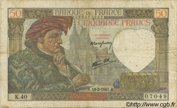 50 Francs Jacques CŒUR FRANCE  1941 F.19.06 TB