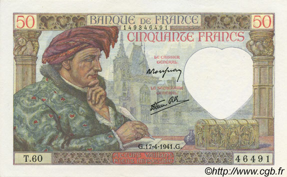 50 Francs Jacques CŒUR FRANCE  1941 F.19.08 SPL+