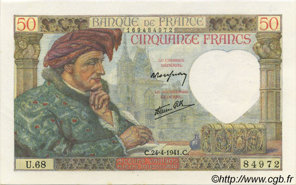 50 Francs Jacques CŒUR FRANCE  1941 F.19.09 pr.NEUF