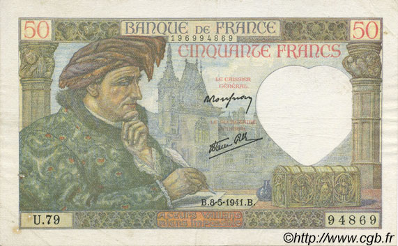 50 Francs Jacques CŒUR FRANCE  1941 F.19.10 TTB
