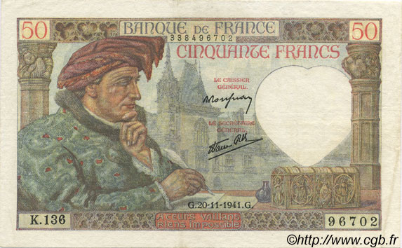 50 Francs Jacques CŒUR FRANCE  1941 F.19.16 SUP