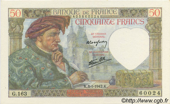 50 Francs Jacques CŒUR FRANCE  1942 F.19.18 UNC
