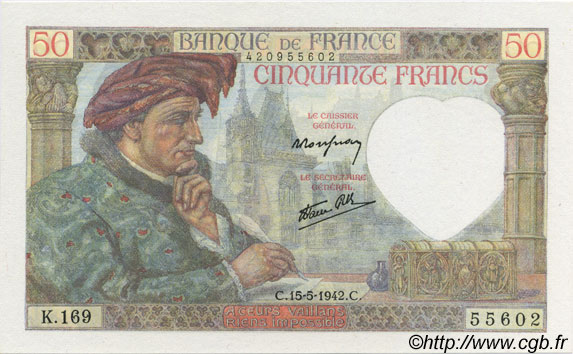 50 Francs Jacques CŒUR FRANCE  1942 F.19.20 NEUF