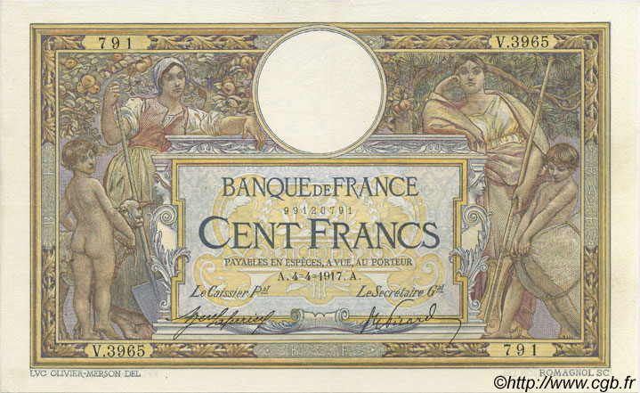 100 Francs LUC OLIVIER MERSON sans LOM FRANCE  1917 F.23.09 TTB