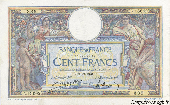 100 Francs LUC OLIVIER MERSON grands cartouches FRANCE  1926 F.24.04 TTB+