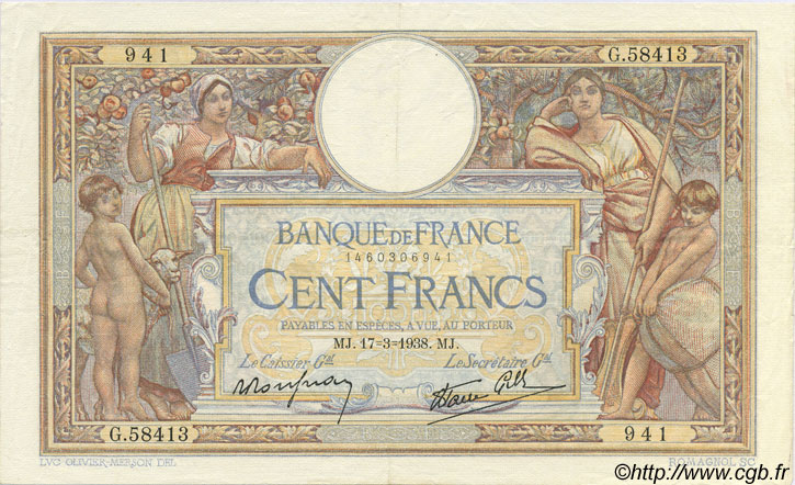 100 Francs LUC OLIVIER MERSON type modifié FRANCE  1938 F.25.13 SUP+