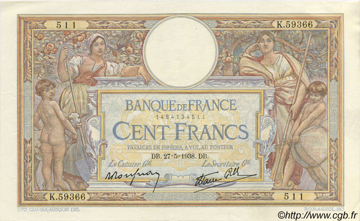100 Francs LUC OLIVIER MERSON type modifié FRANCE  1938 F.25.20 SUP
