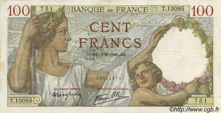 100 Francs SULLY FRANCE  1940 F.26.34 TTB+