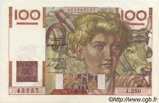 100 Francs JEUNE PAYSAN FRANCE  1948 F.28.18 SPL+
