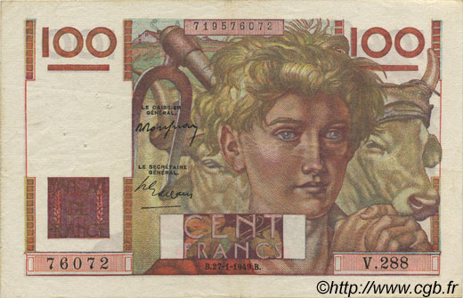 100 Francs JEUNE PAYSAN FRANCE  1949 F.28.21 pr.SUP
