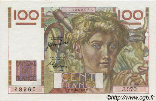 100 Francs JEUNE PAYSAN FRANCE  1950 F.28.27 SPL+