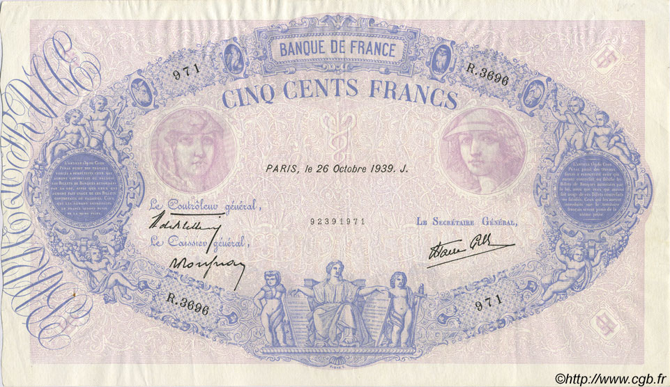 500 Francs BLEU ET ROSE modifié FRANCE  1939 F.31.45 TTB+