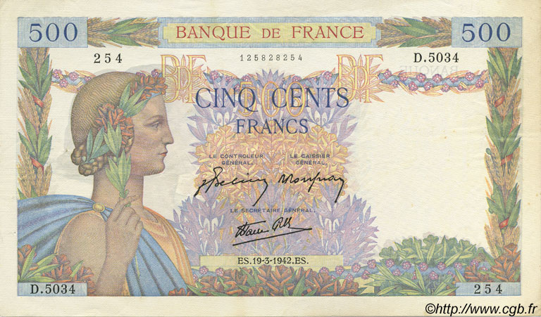 500 Francs LA PAIX FRANCE  1942 F.32.31 SUP+
