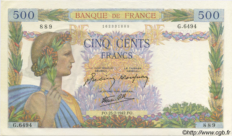 500 Francs LA PAIX FRANCE  1942 F.32.38 NEUF
