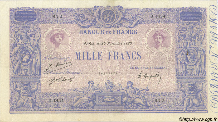 1000 Francs BLEU ET ROSE FRANCE  1920 F.36.36 TTB