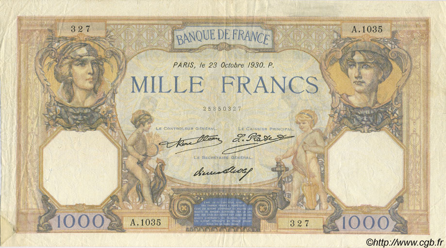 1000 Francs CÉRÈS et MERCURE FRANCE  1930 F.37.05 TB à TTB
