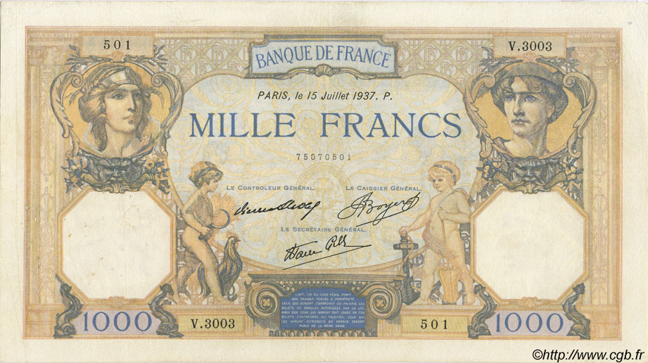 1000 Francs CÉRÈS ET MERCURE type modifié FRANCE  1937 F.38.02 TB