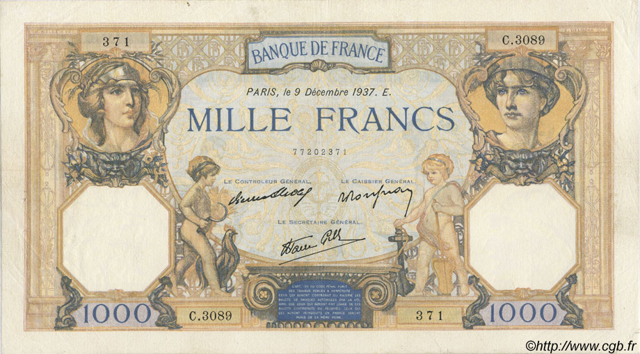 1000 Francs CÉRÈS ET MERCURE type modifié FRANCE  1937 F.38.06 TTB+