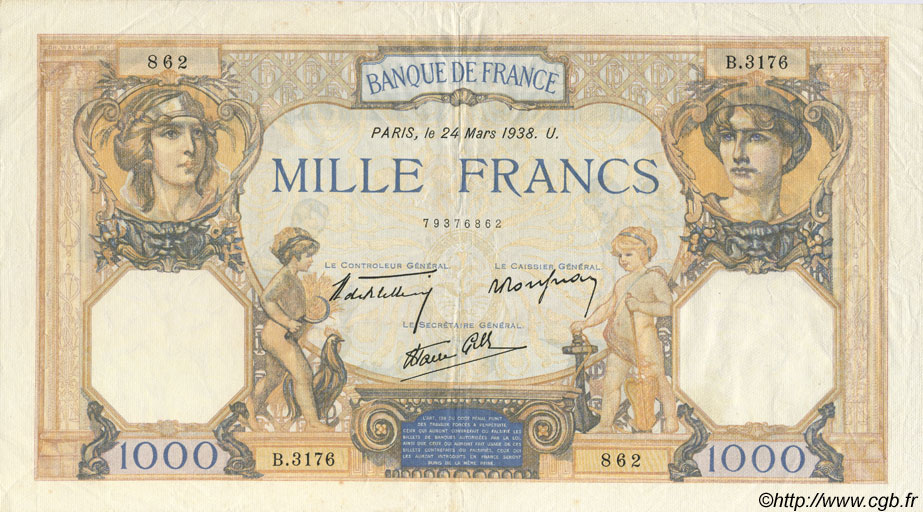 1000 Francs CÉRÈS ET MERCURE type modifié FRANCE  1938 F.38.09 TTB+