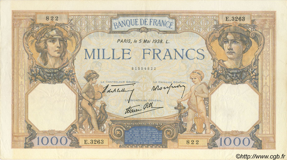 1000 Francs CÉRÈS ET MERCURE type modifié FRANCE  1938 F.38.13 TTB+