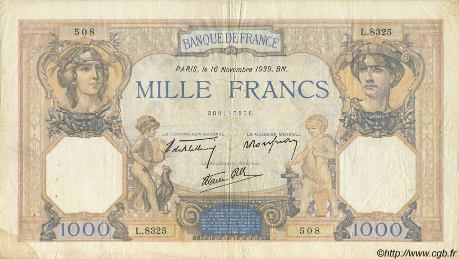 1000 Francs CÉRÈS ET MERCURE type modifié FRANCE  1939 F.38.39 TB+