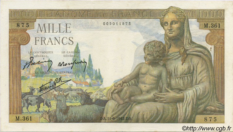 1000 Francs DÉESSE DÉMÉTER FRANCE  1942 F.40.02 pr.SPL