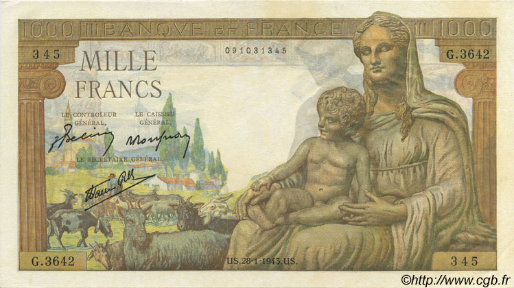 1000 Francs DÉESSE DÉMÉTER FRANCE  1943 F.40.17 SPL