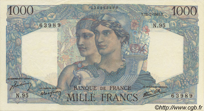 1000 Francs MINERVE ET HERCULE FRANCE  1945 F.41.06 pr.SPL