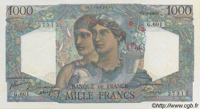 1000 Francs MINERVE ET HERCULE FRANCE  1949 F.41.28 SUP à SPL