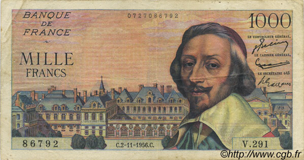1000 Francs RICHELIEU FRANCE  1956 F.42.23 TB