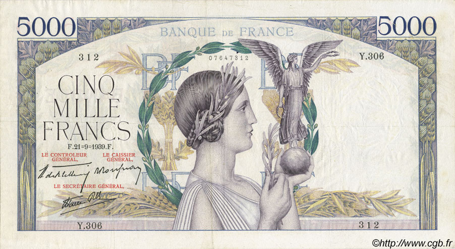 5000 Francs VICTOIRE Impression à plat FRANCE  1939 F.46.11 TTB