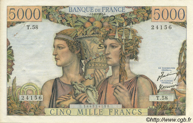 5000 Francs TERRE ET MER FRANCE  1951 F.48.04 SUP+