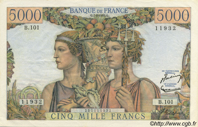 5000 Francs TERRE ET MER FRANCE  1952 F.48.06 SUP+