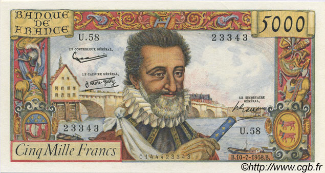 5000 Francs HENRI IV FRANCE  1958 F.49.07 pr.NEUF