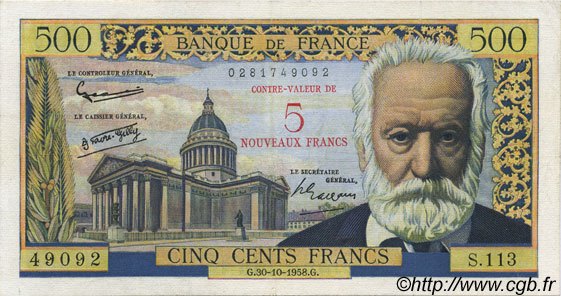 5 NF sur 500 Francs VICTOR HUGO FRANCE 1958 F.52.01 SUP