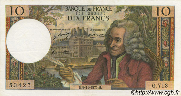 10 Francs VOLTAIRE FRANCE  1971 F.62.52 SUP+
