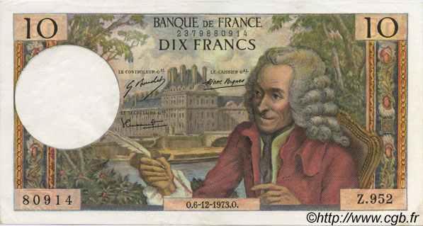 10 Francs VOLTAIRE FRANCE  1973 F.62.65 pr.SPL