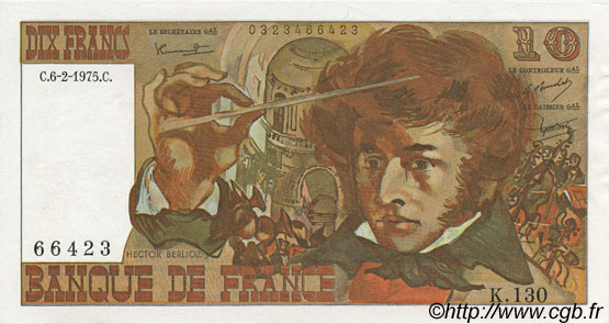 10 Francs BERLIOZ FRANCE  1975 F.63.08 AU+