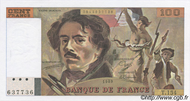 100 Francs DELACROIX modifié FRANCE  1989 F.69.13d NEUF