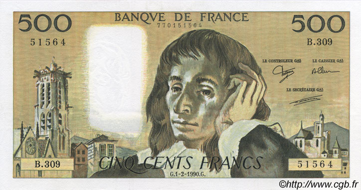 500 Francs PASCAL FRANCE  1990 F.71.43 pr.SPL