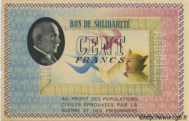 100 Francs BON DE SOLIDARITÉ Annulé FRANCE régionalisme et divers  1941 KL.10As pr.NEUF