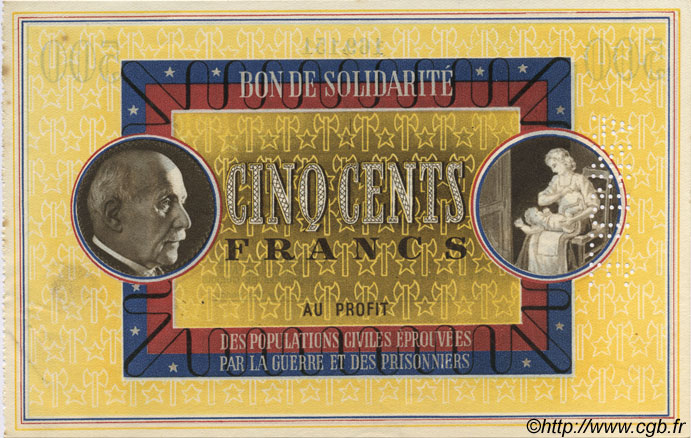 500 Francs BON DE SOLIDARITÉ Annulé FRANCE Regionalismus und verschiedenen  1941 KL.11As fST+