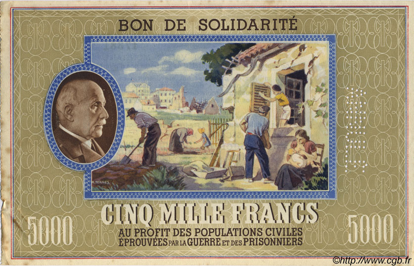 5000 Francs BON DE SOLIDARITÉ Annulé FRANCE regionalism and miscellaneous  1941 KL.13As XF+