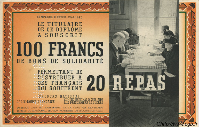 100 Francs - 20 Repas Annulé FRANCE régionalisme et divers  1941 KLd.01Bs SPL
