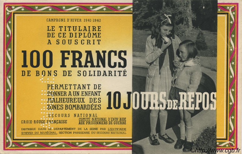 100 Francs - 10 Jours de Repos FRANCE régionalisme et divers  1941 KLd.03Bs pr.NEUF