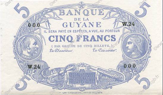 5 Francs Cabasson bleu GUYANE  1933 P.01s SPL