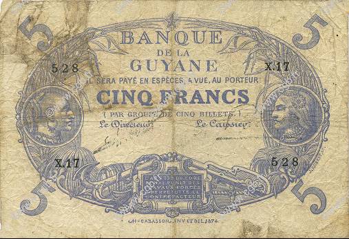 5 Francs Cabasson bleu GUYANE  1922 P.01a TB+