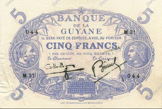 5 Francs Cabasson bleu GUYANE  1939 P.01c SUP