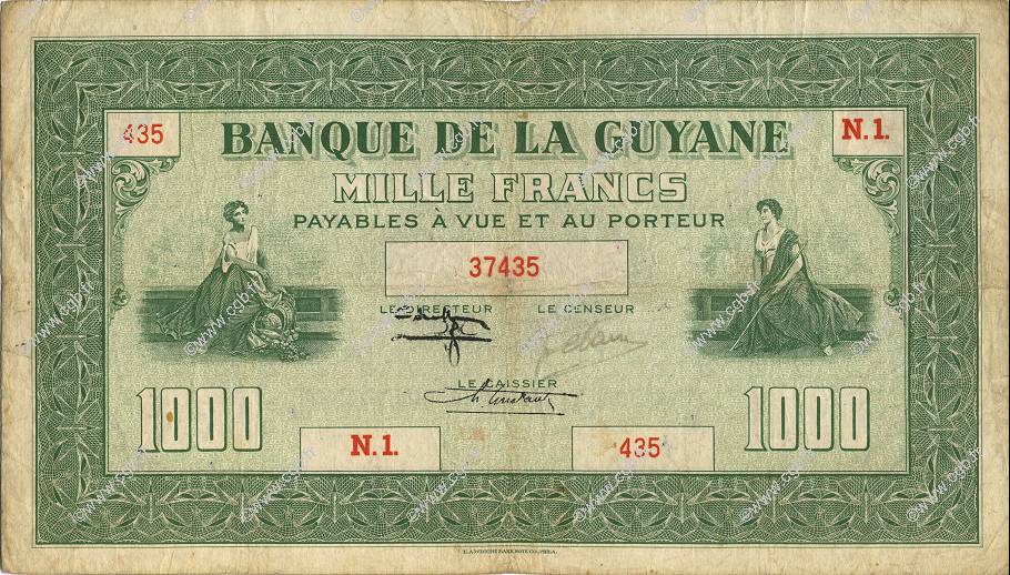 1000 Francs FRENCH GUIANA  1945 P.15 F - VF