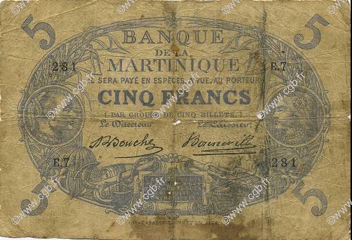 5 Francs Cabasson bleu MARTINIQUE  1895 P.05C G